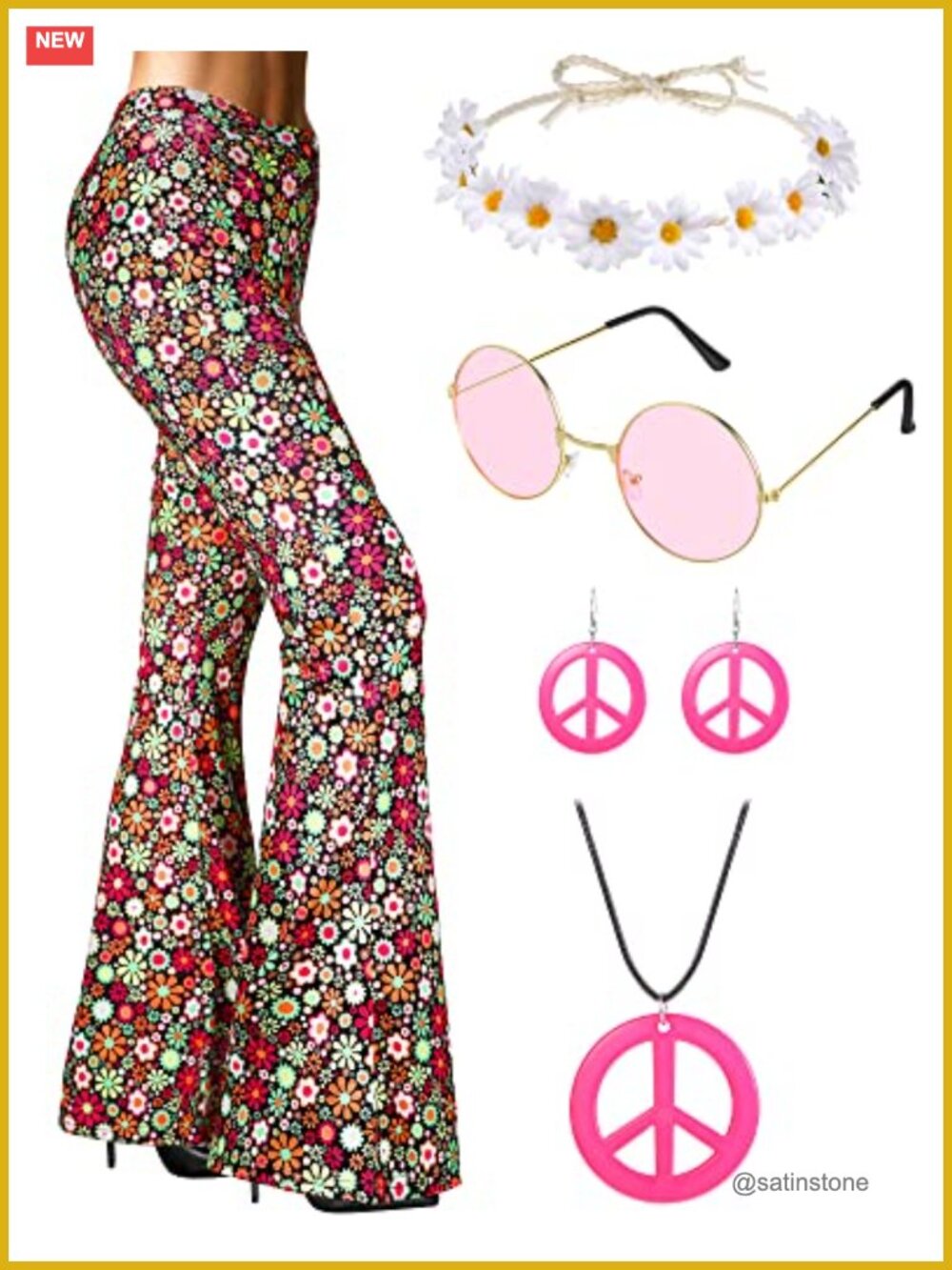 SATINIOR 6 Pc 60s 70s Hippie Costume Set Bell Bottom Pants Headband